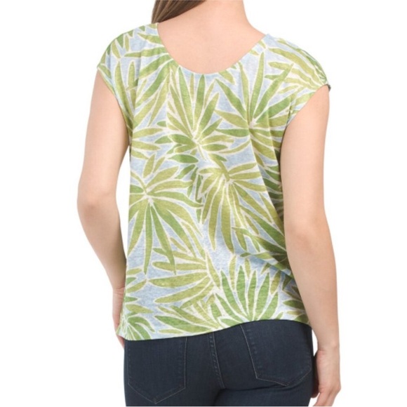 SIGRID OLSEN 100% Linen Short Sleeve Back Button Palm Print Top NWT flawed large - Picture 2 of 11